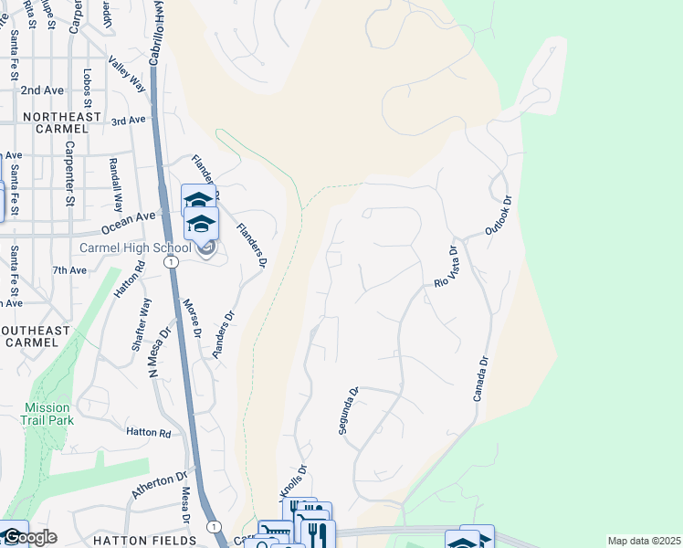 map of restaurants, bars, coffee shops, grocery stores, and more near 25462 Carmel Knolls Drive in Carmel-by-the-Sea