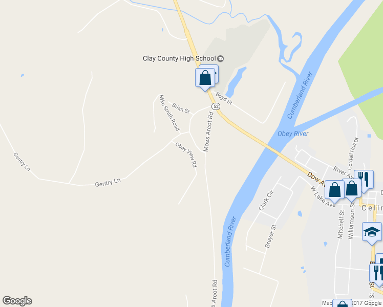 map of restaurants, bars, coffee shops, grocery stores, and more near Obey View Rd in Celina