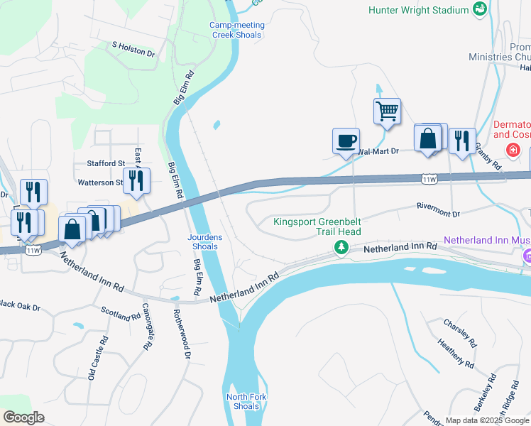 map of restaurants, bars, coffee shops, grocery stores, and more near 2642 Halifax Drive in Kingsport