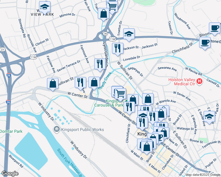 map of restaurants, bars, coffee shops, grocery stores, and more near 634 Arch Street in Kingsport