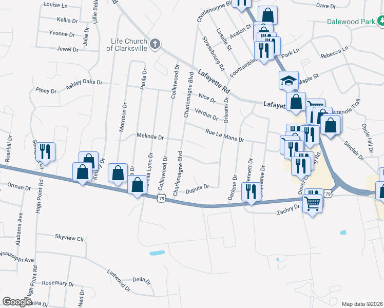 map of restaurants, bars, coffee shops, grocery stores, and more near 313 Chateauroux Drive in Clarksville