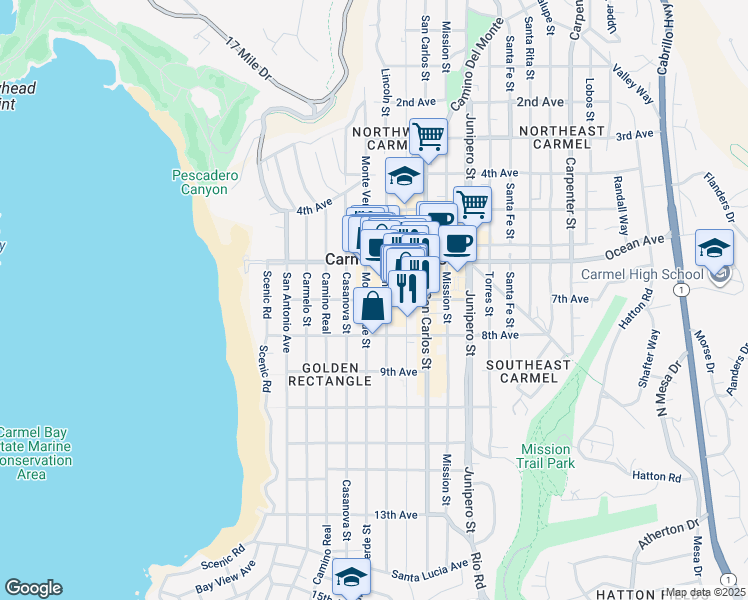 map of restaurants, bars, coffee shops, grocery stores, and more near 1 7th Avenue in Carmel-by-the-Sea