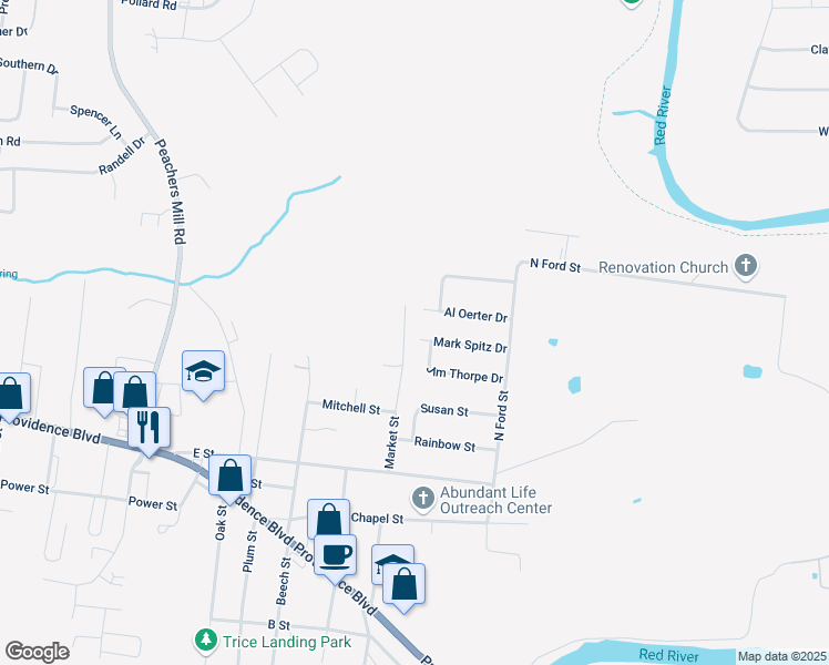map of restaurants, bars, coffee shops, grocery stores, and more near 229 Mark Spitz Drive in Clarksville