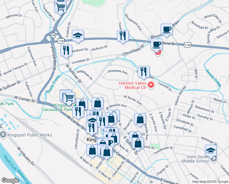 map of restaurants, bars, coffee shops, grocery stores, and more near 728 Holston Street in Kingsport
