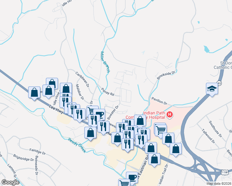 map of restaurants, bars, coffee shops, grocery stores, and more near 1521 Pinecone Circle in Kingsport