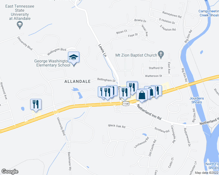 map of restaurants, bars, coffee shops, grocery stores, and more near 212 Lewis Lane in Kingsport