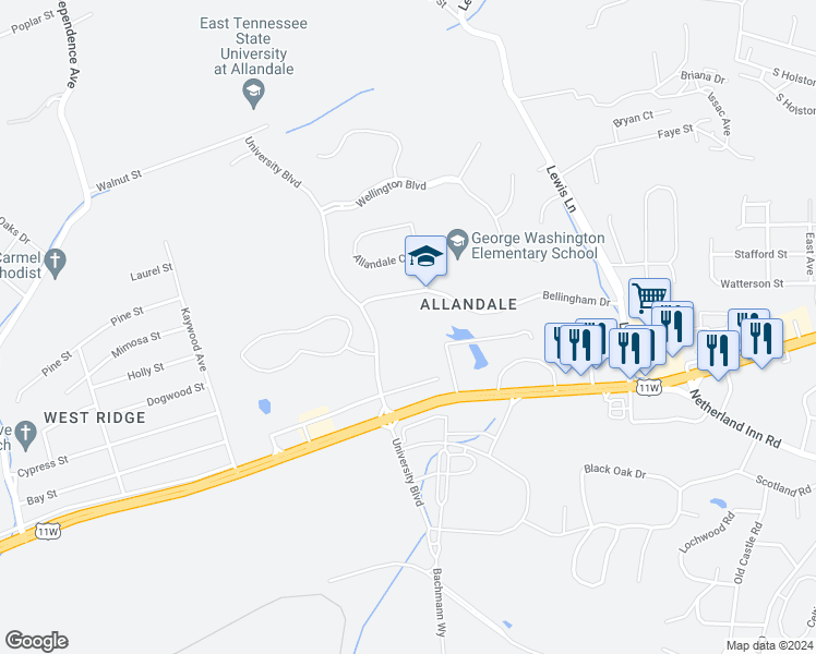 map of restaurants, bars, coffee shops, grocery stores, and more near 1401 University Boulevard in Kingsport