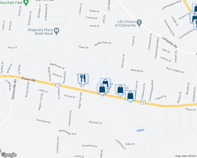 map of restaurants, bars, coffee shops, grocery stores, and more near 508 Woodtrace Drive in Clarksville