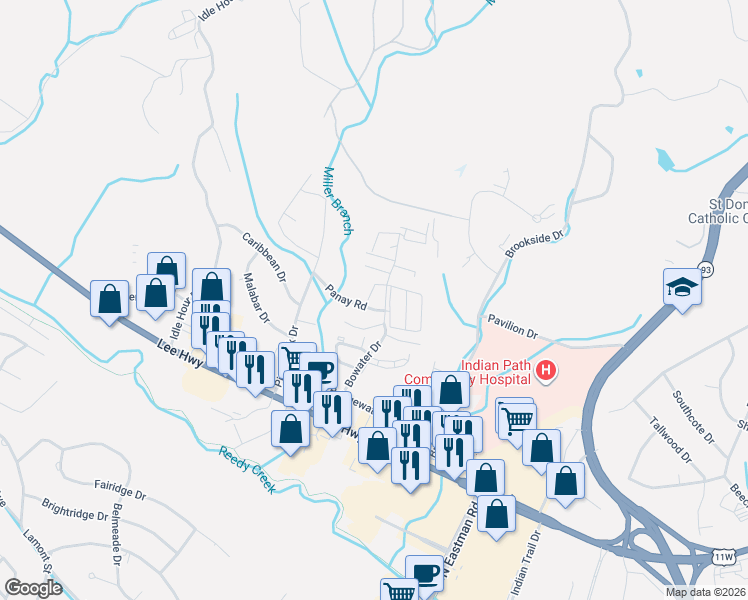 map of restaurants, bars, coffee shops, grocery stores, and more near 1521 Pinecone Circle in Kingsport