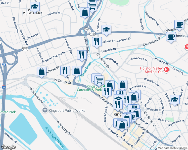 map of restaurants, bars, coffee shops, grocery stores, and more near 657 Arch Street in Kingsport