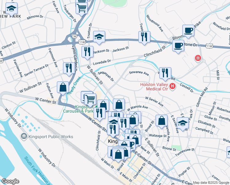 map of restaurants, bars, coffee shops, grocery stores, and more near 210 Hammond Avenue in Kingsport