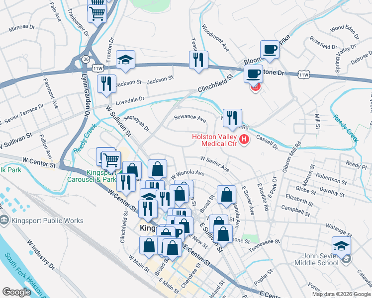map of restaurants, bars, coffee shops, grocery stores, and more near 728 Holston Street in Kingsport