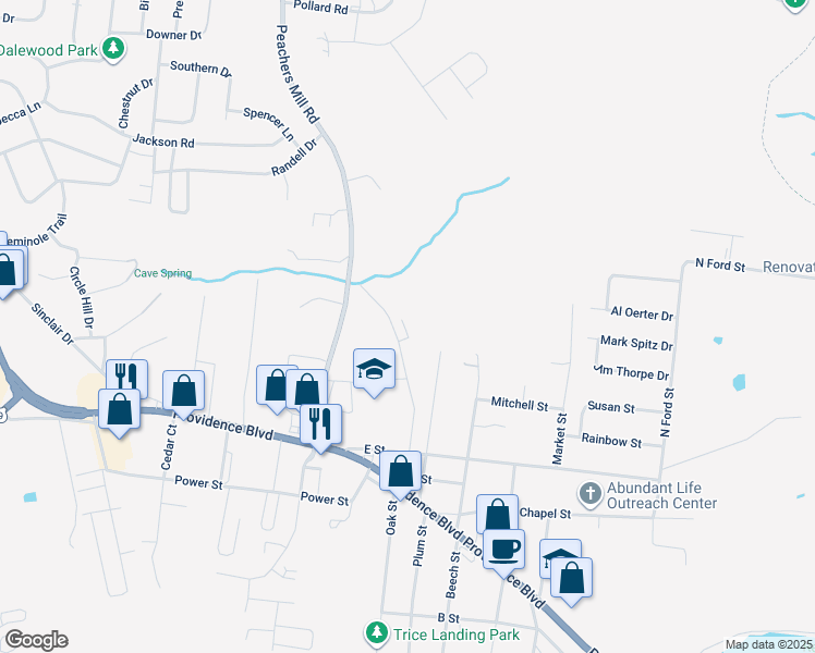 map of restaurants, bars, coffee shops, grocery stores, and more near 482 Oak Street in Clarksville