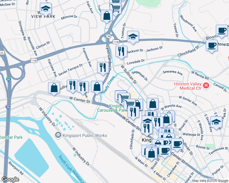 map of restaurants, bars, coffee shops, grocery stores, and more near Arch Street in Kingsport