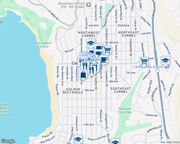 map of restaurants, bars, coffee shops, grocery stores, and more near 2 7th Avenue in Carmel-by-the-Sea