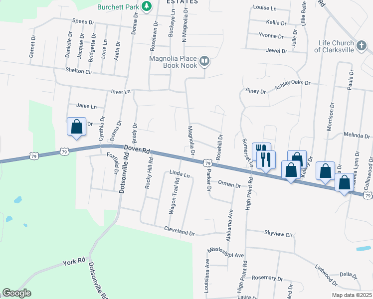 map of restaurants, bars, coffee shops, grocery stores, and more near 590 Magnolia Drive in Clarksville