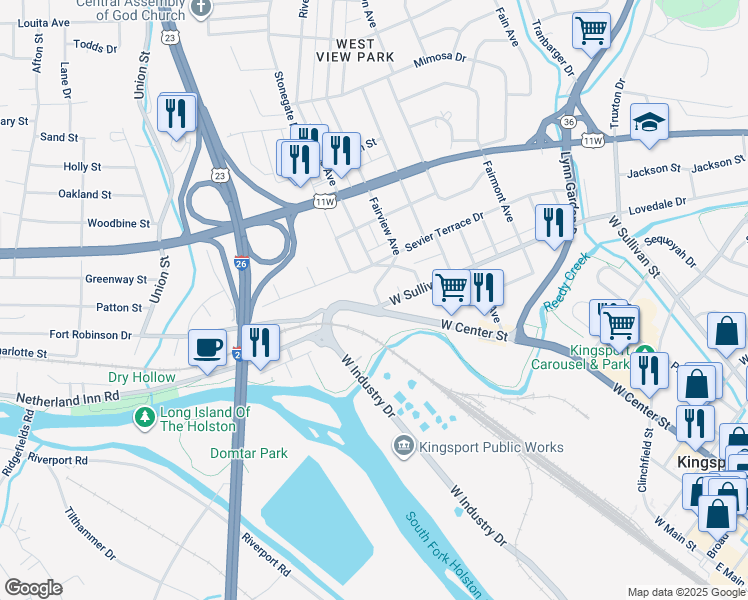 map of restaurants, bars, coffee shops, grocery stores, and more near 901 West Center Street in Kingsport