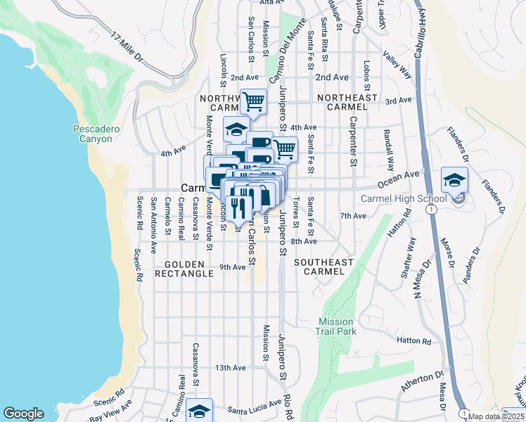 map of restaurants, bars, coffee shops, grocery stores, and more near 6016 San Carlos Street in Carmel-by-the-Sea