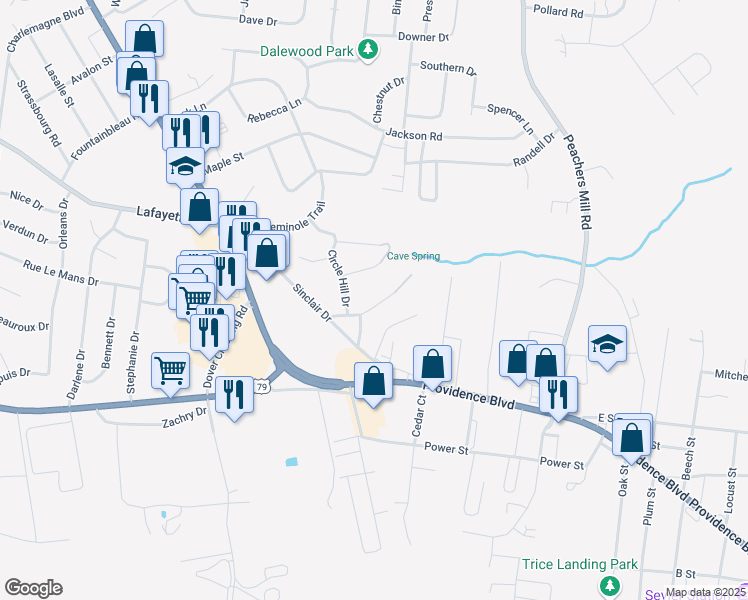 map of restaurants, bars, coffee shops, grocery stores, and more near 26 Cave Springs Road in Clarksville