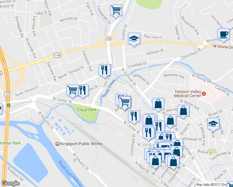 map of restaurants, bars, coffee shops, grocery stores, and more near 618 Arch Street in Kingsport