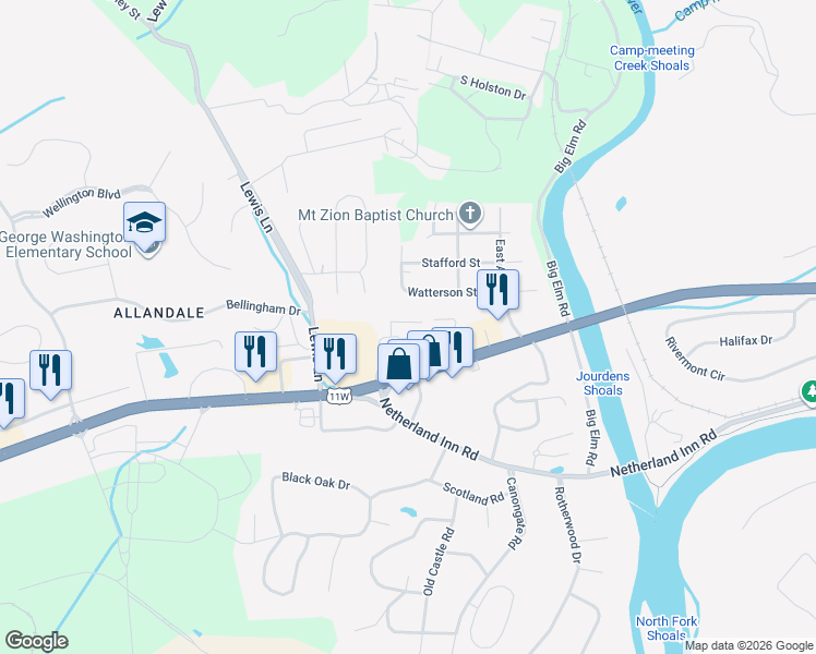 map of restaurants, bars, coffee shops, grocery stores, and more near 4260 W Stone Dr in Kingsport