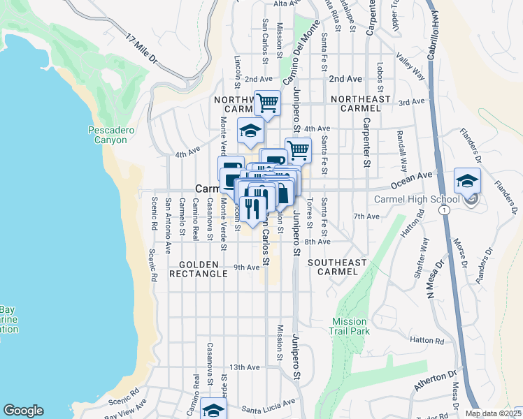 map of restaurants, bars, coffee shops, grocery stores, and more near 2 San Carlos Street in Carmel-by-the-Sea