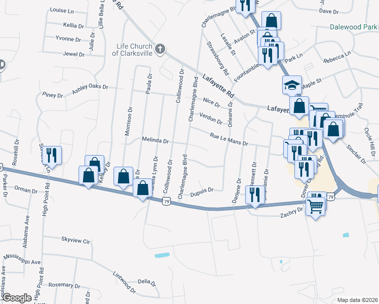 map of restaurants, bars, coffee shops, grocery stores, and more near 313 Chateauroux Drive in Clarksville
