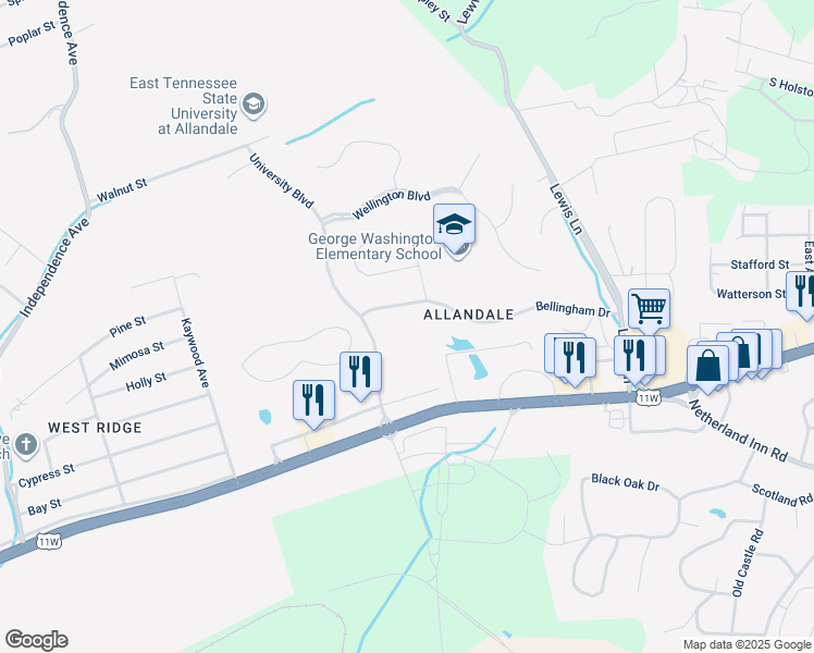 map of restaurants, bars, coffee shops, grocery stores, and more near 1401 University Boulevard in Kingsport