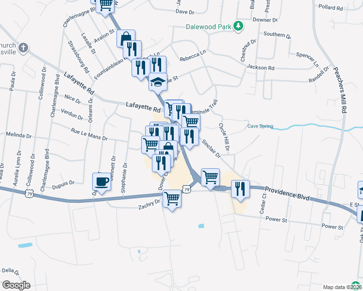 map of restaurants, bars, coffee shops, grocery stores, and more near 1-45 Dover Crossing Rd in Clarksville