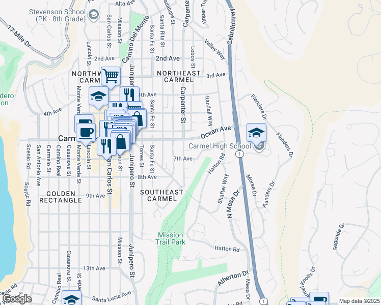 map of restaurants, bars, coffee shops, grocery stores, and more near 4 Oak Knoll Way in Carmel-by-the-Sea