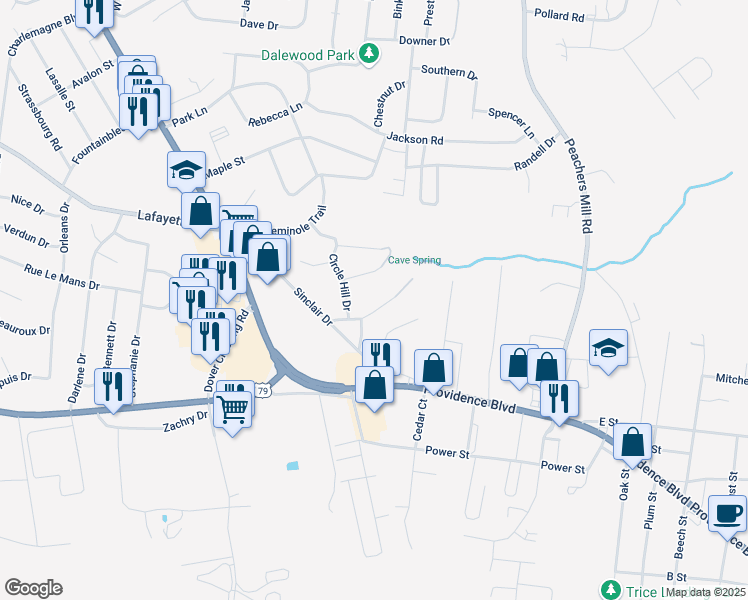 map of restaurants, bars, coffee shops, grocery stores, and more near 26 Cave Springs Road in Clarksville