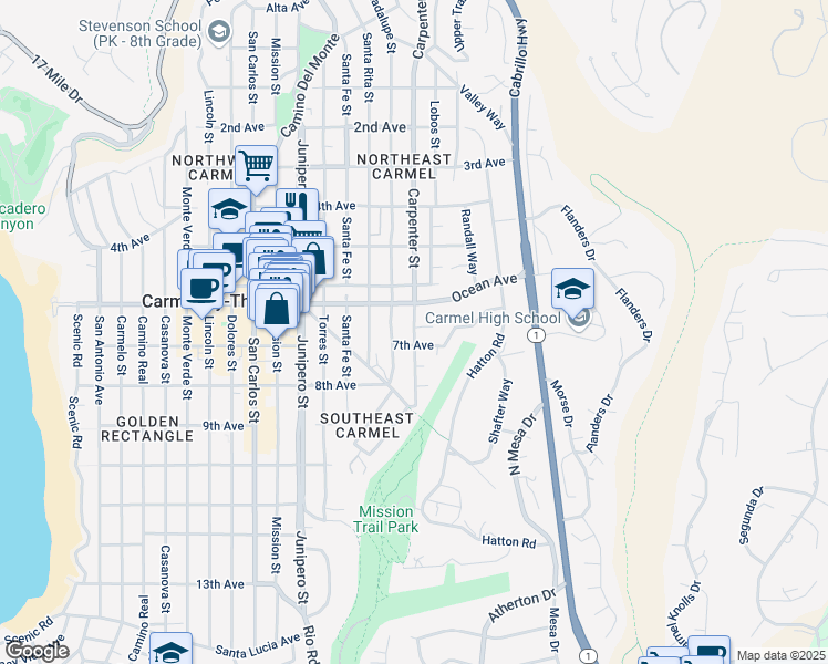 map of restaurants, bars, coffee shops, grocery stores, and more near 4 Forest Road in Carmel-by-the-Sea
