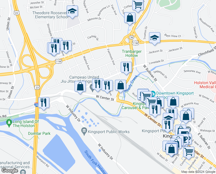 map of restaurants, bars, coffee shops, grocery stores, and more near 398 Fulton Avenue in Kingsport