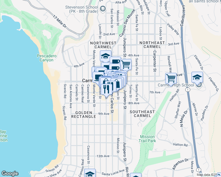 map of restaurants, bars, coffee shops, grocery stores, and more near 222 San Carlos Street in Carmel-by-the-Sea