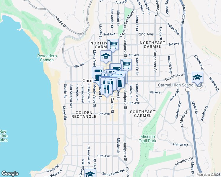 map of restaurants, bars, coffee shops, grocery stores, and more near 416 San Carlos Street in Carmel-by-the-Sea
