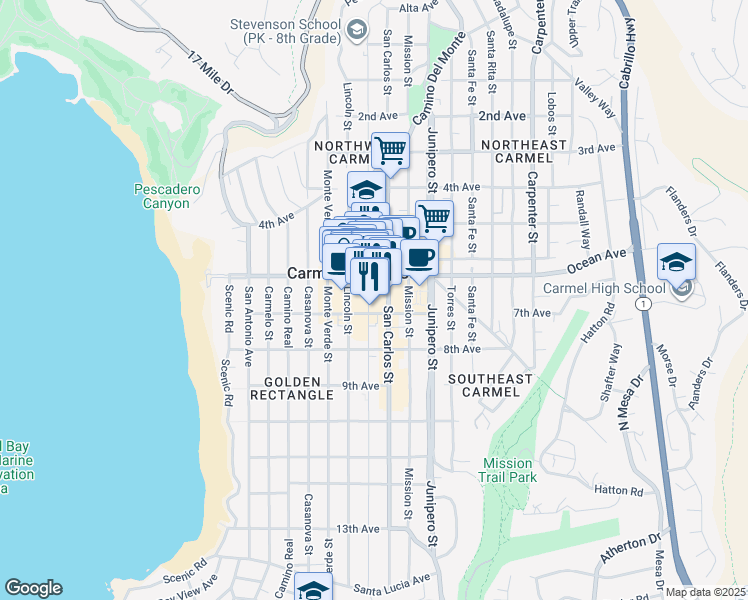 map of restaurants, bars, coffee shops, grocery stores, and more near in Carmel-by-the-Sea