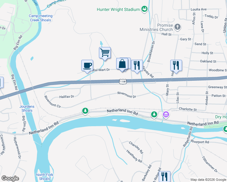 map of restaurants, bars, coffee shops, grocery stores, and more near 2421 Jennings Drive in Kingsport