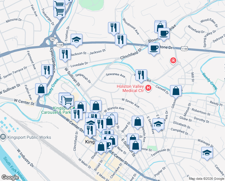 map of restaurants, bars, coffee shops, grocery stores, and more near 322 Cherokee Village Drive in Kingsport
