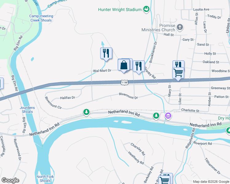 map of restaurants, bars, coffee shops, grocery stores, and more near 2421 Jennings Drive in Kingsport