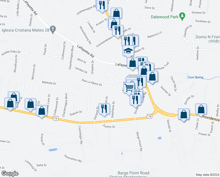 map of restaurants, bars, coffee shops, grocery stores, and more near 242 Stephanie Drive in Clarksville