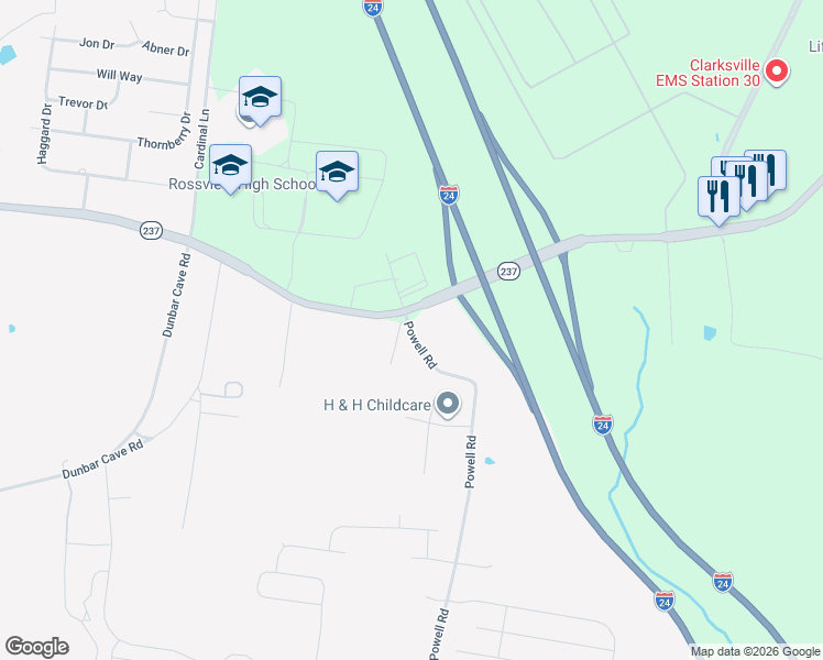 map of restaurants, bars, coffee shops, grocery stores, and more near 1704 Powell Road in Clarksville
