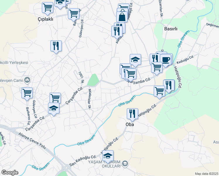 map of restaurants, bars, coffee shops, grocery stores, and more near 51/B Çarşamba Caddesi in Alanya