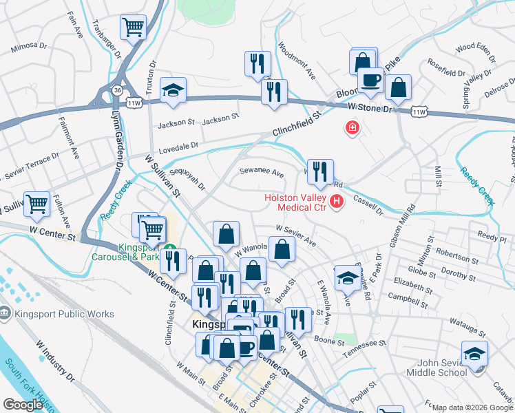 map of restaurants, bars, coffee shops, grocery stores, and more near 302 Cherokee Village Drive in Kingsport