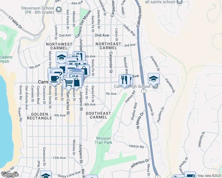 map of restaurants, bars, coffee shops, grocery stores, and more near Forest Road & Oak Knoll Way in Carmel