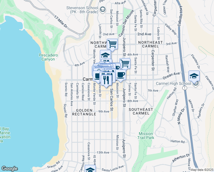 map of restaurants, bars, coffee shops, grocery stores, and more near in Carmel-by-the-Sea