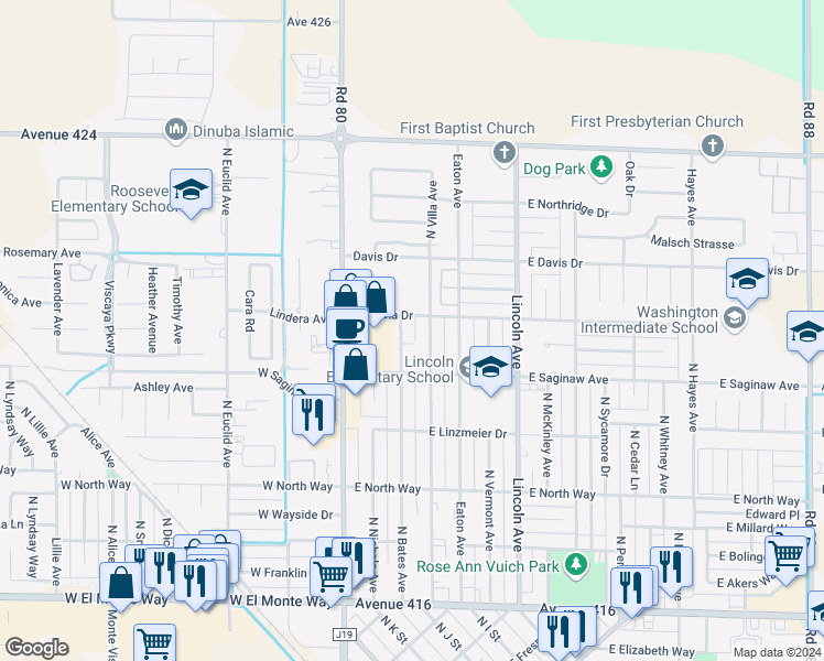 map of restaurants, bars, coffee shops, grocery stores, and more near 1070 North Bates Avenue in Dinuba