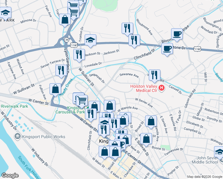 map of restaurants, bars, coffee shops, grocery stores, and more near 609 Clinchfield Street in Kingsport