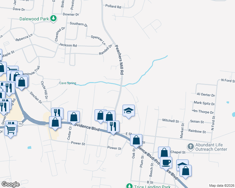 map of restaurants, bars, coffee shops, grocery stores, and more near 707 Peachers Drive in Clarksville
