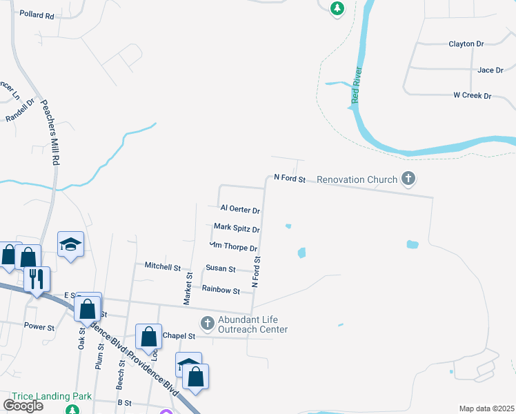 map of restaurants, bars, coffee shops, grocery stores, and more near 201 Al Oerter Drive in Clarksville