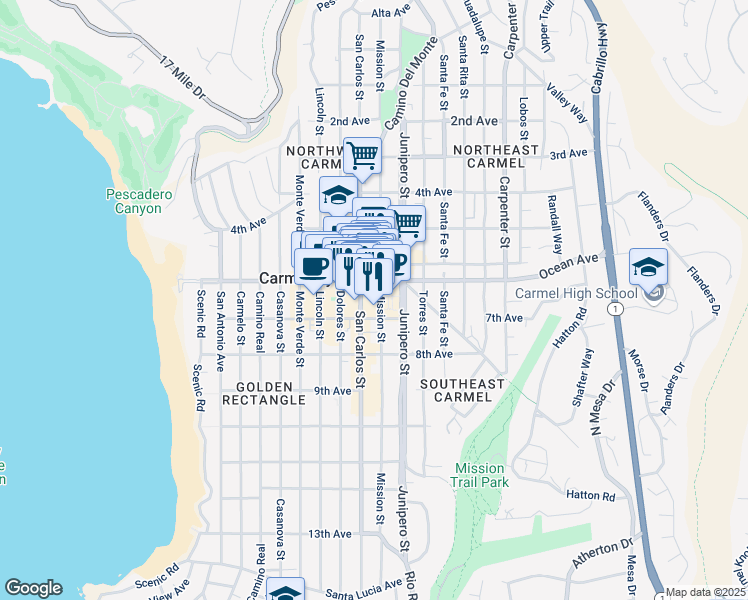 map of restaurants, bars, coffee shops, grocery stores, and more near 12 Mission Street in Carmel-by-the-Sea